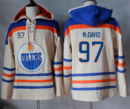Oilers #97 Connor McDavid Cream Sawyer Hooded Sweatshirt Stitched NHL Jersey